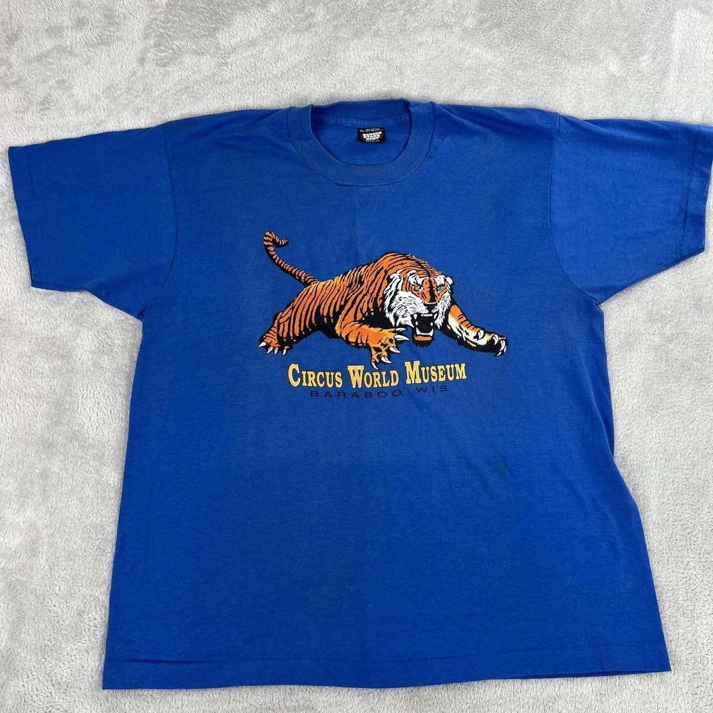 Vtg 90s Circus World Museum Tiger T-Shirt XL Blue Screen Stars Single Stitch USA